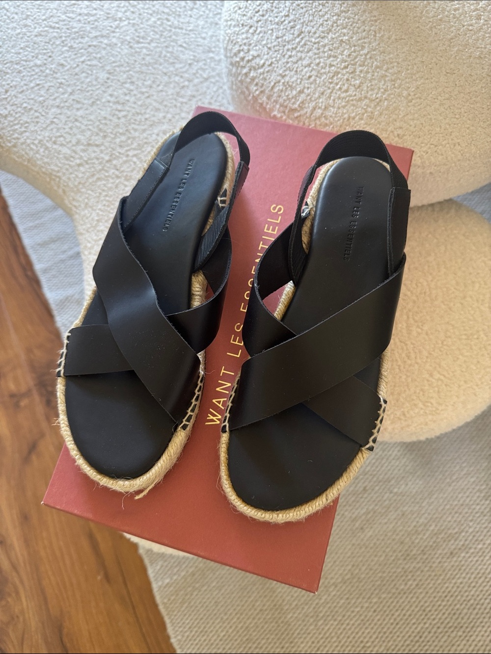 WANT Les Essentiels Black Leather Crisscross Espadrille Sandals